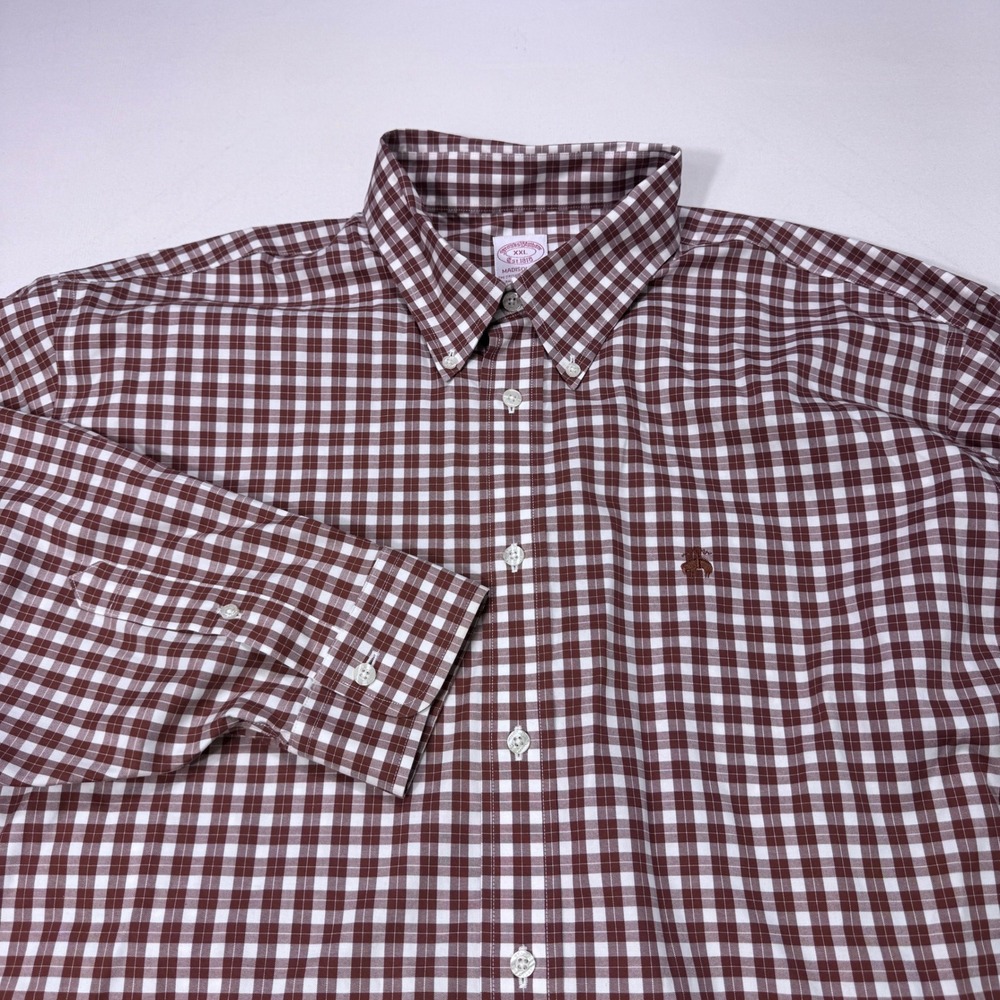 Brooks Brothers Madison Fit XXL Brown Gingham Non-Iron Supima Cotton Shirt